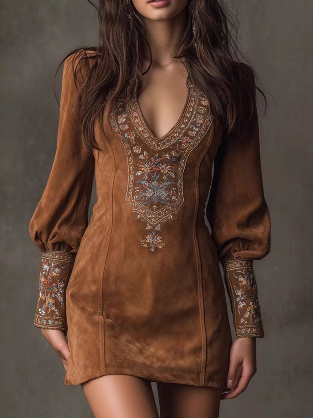 Embroidered Lantern Sleeve Mini Dress